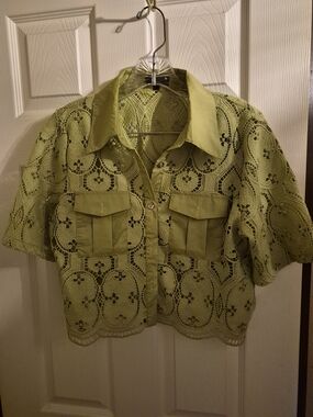 chic Olive Green Lace Button-Front Shirt